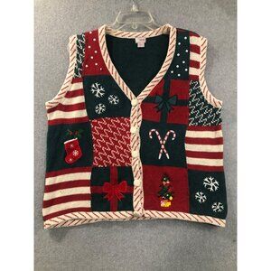 Christmas Ugly Vest L Patchwork Vest Party Grannycore Knit Vtg Grandma Holiday